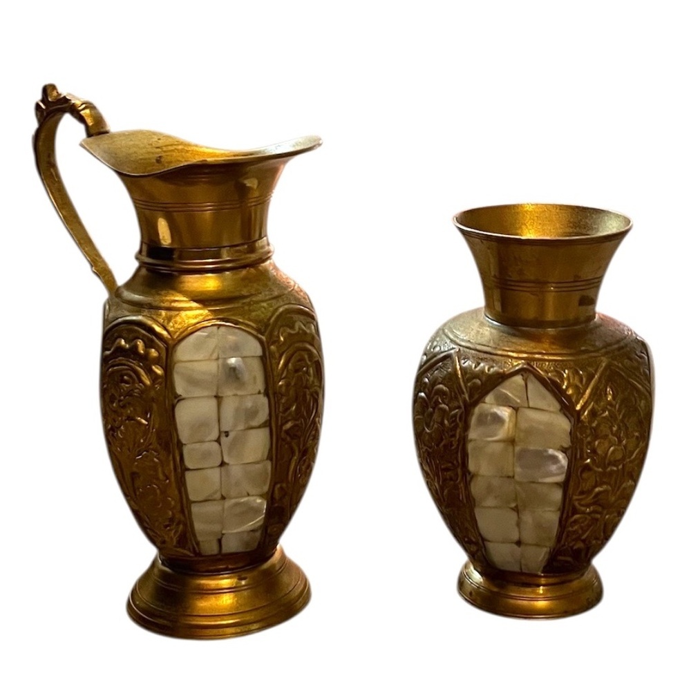 Set Of 2 Vintage MCM Lacquered Brass & Mother of Pearl Inlay Vase Urn & Pitcher